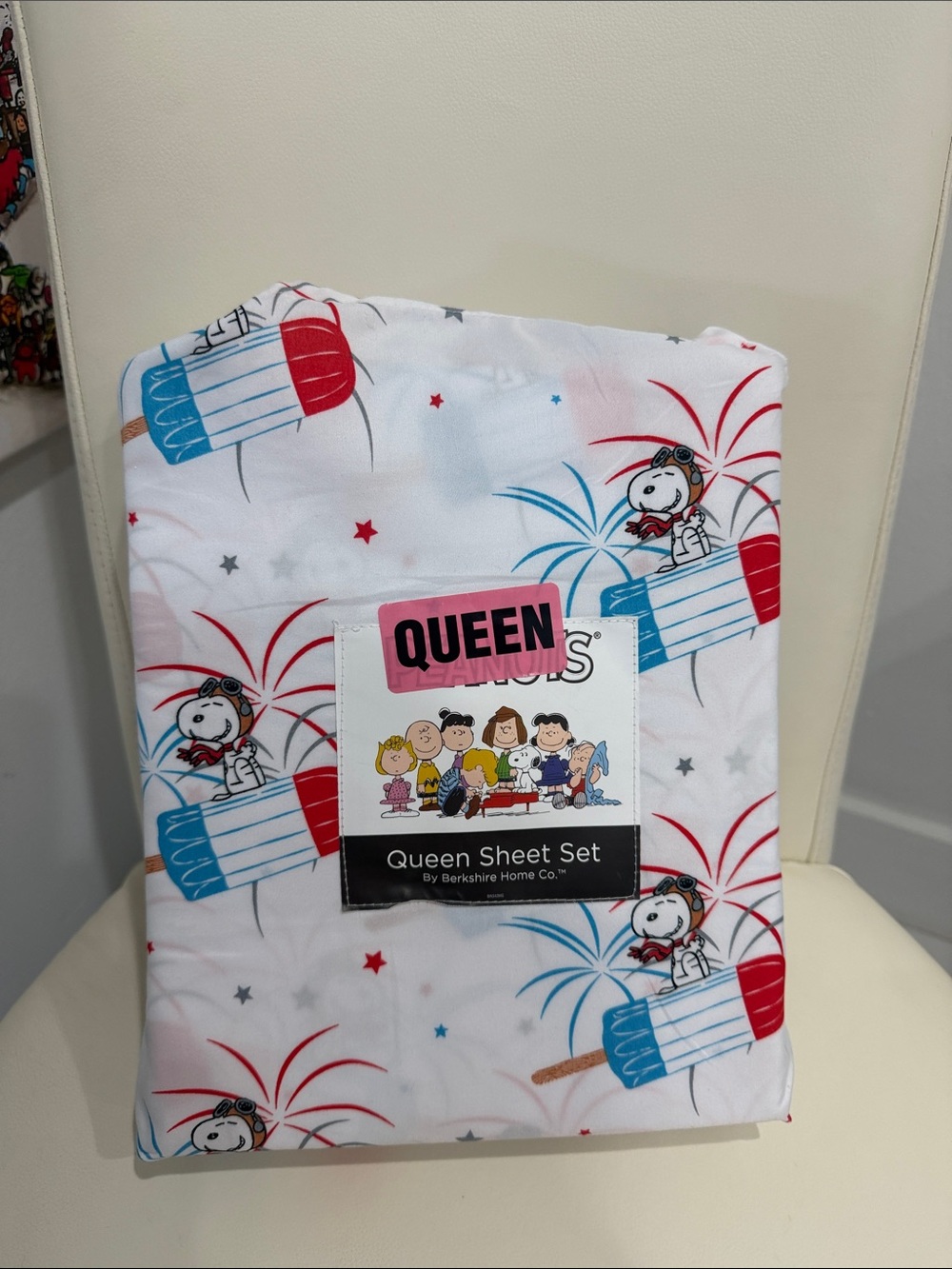 Peanuts Snoopy July 4th White/Red/Blue Snoopy & Fireworks QUEEN Sheet Set